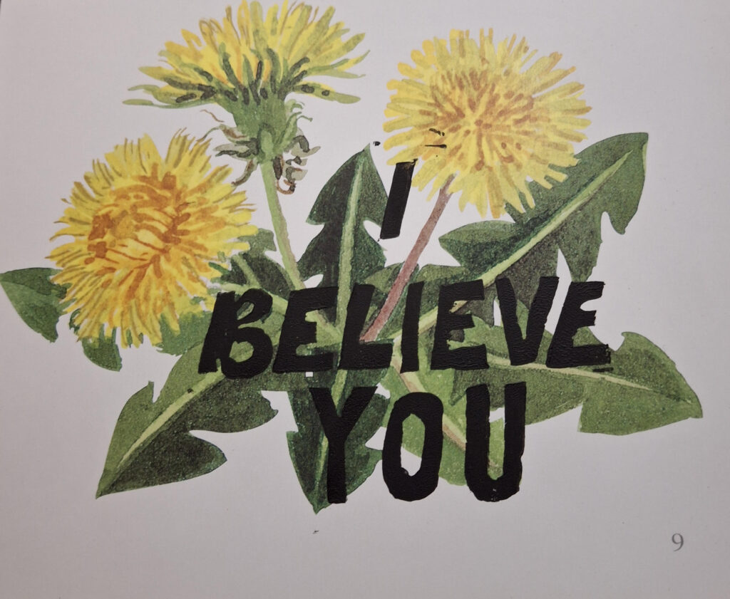 botanical drawing of dandelions with black blockprint letters that read "I believe you"